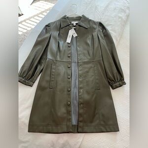 Topshop Faux Leather Olive Green Button-Front Dress